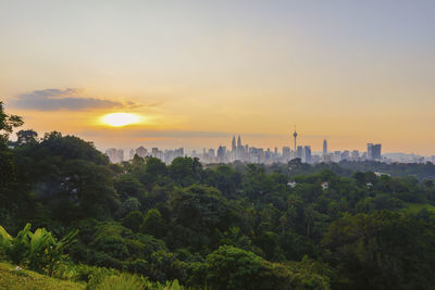 Trees and buildings against sky during sunset