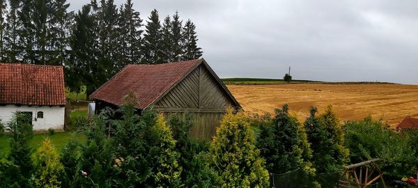 Plants growing on field by building against sky