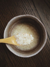 High angle view of ice cream in bowl on table