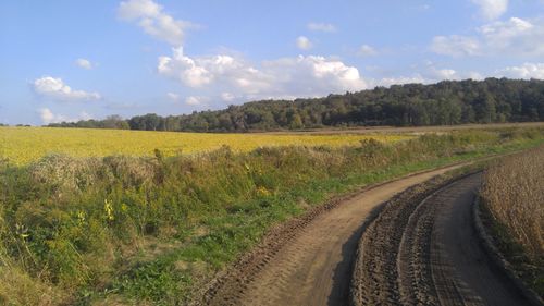 Dirt road amidst field against sky