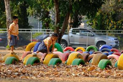 Panoramic view of people sitting at market