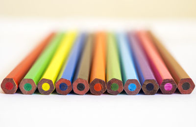 Close-up of colorful pencils on white background