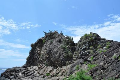 Low angle view of rock formations against sky