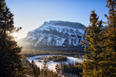 Scenic view of lake by snowcapped mountains against sky