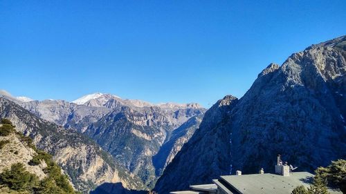 Scenic view of mountains against clear blue sky