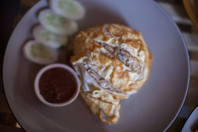 High angle view of breakfast served on table