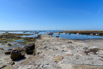 Scenic view of sea against clear blue sky