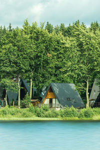 House amidst trees and plants against sky