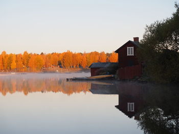 Reflection of trees in water at sunset