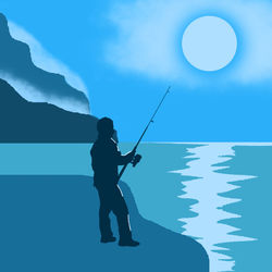 Silhouette man fishing in sea against blue sky