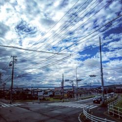 Electricity pylon against cloudy sky