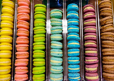Full frame shot of colorful macaroons in store for sale