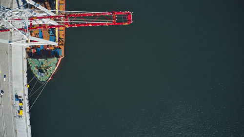 High angle view of a ship with cranes