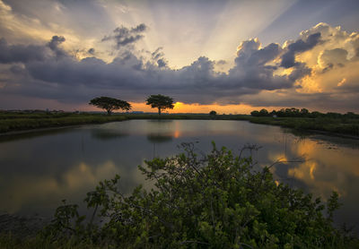 Scenic view of lake against sky during sunset