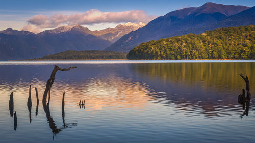 Scenic view of lake and mountains against sky