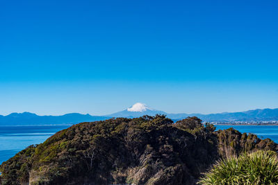 Scenic view of sea against clear blue sky