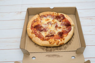 High angle view of pizza on table