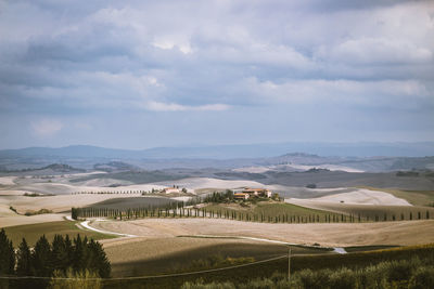 Scenic view of agricultural field against sky