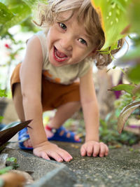 High angle view of cute girl looking away