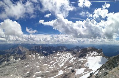 Aerial view of snowcapped mountains against sky