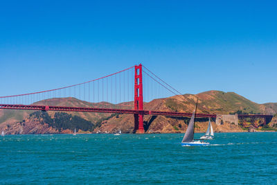 View of suspension bridge over sea