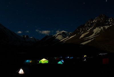 Scenic view of snowcapped mountains against sky at night