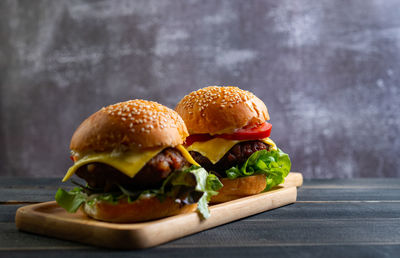 Close-up of burger on table