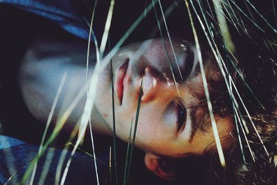 Portrait of boy resting on field