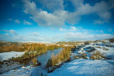 Scenic view of landscape against blue sky during winter