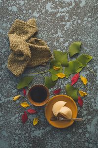 High angle view of drink on table