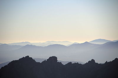 Scenic view of silhouette mountains against clear sky