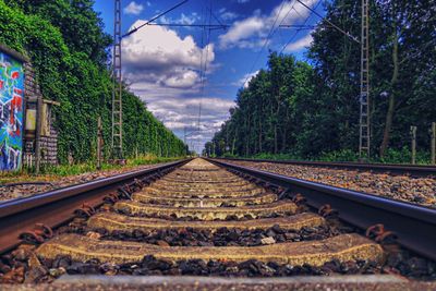 Railroad tracks amidst trees against sky