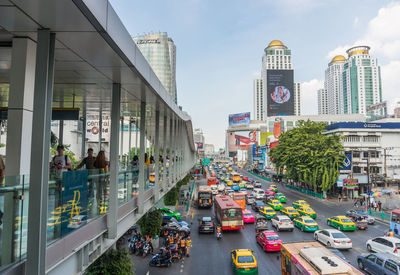 View of city street and modern buildings