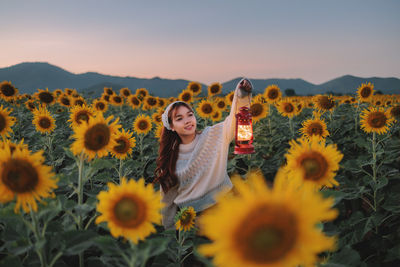 Close-up of sunflower on field against sky during sunset