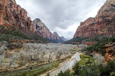 Scenic view of rocky mountains against cloudy sky