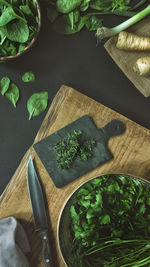 High angle view of chopped vegetables on table