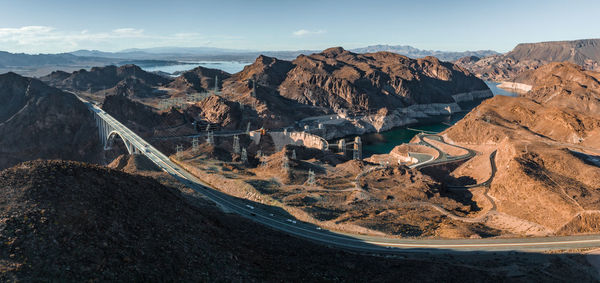 Aerial view of hoover dam and the colorado river bridge