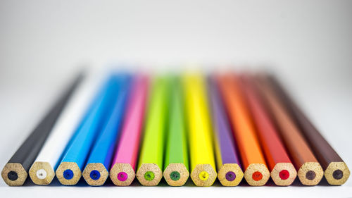 Close-up of colorful balls on table against white background