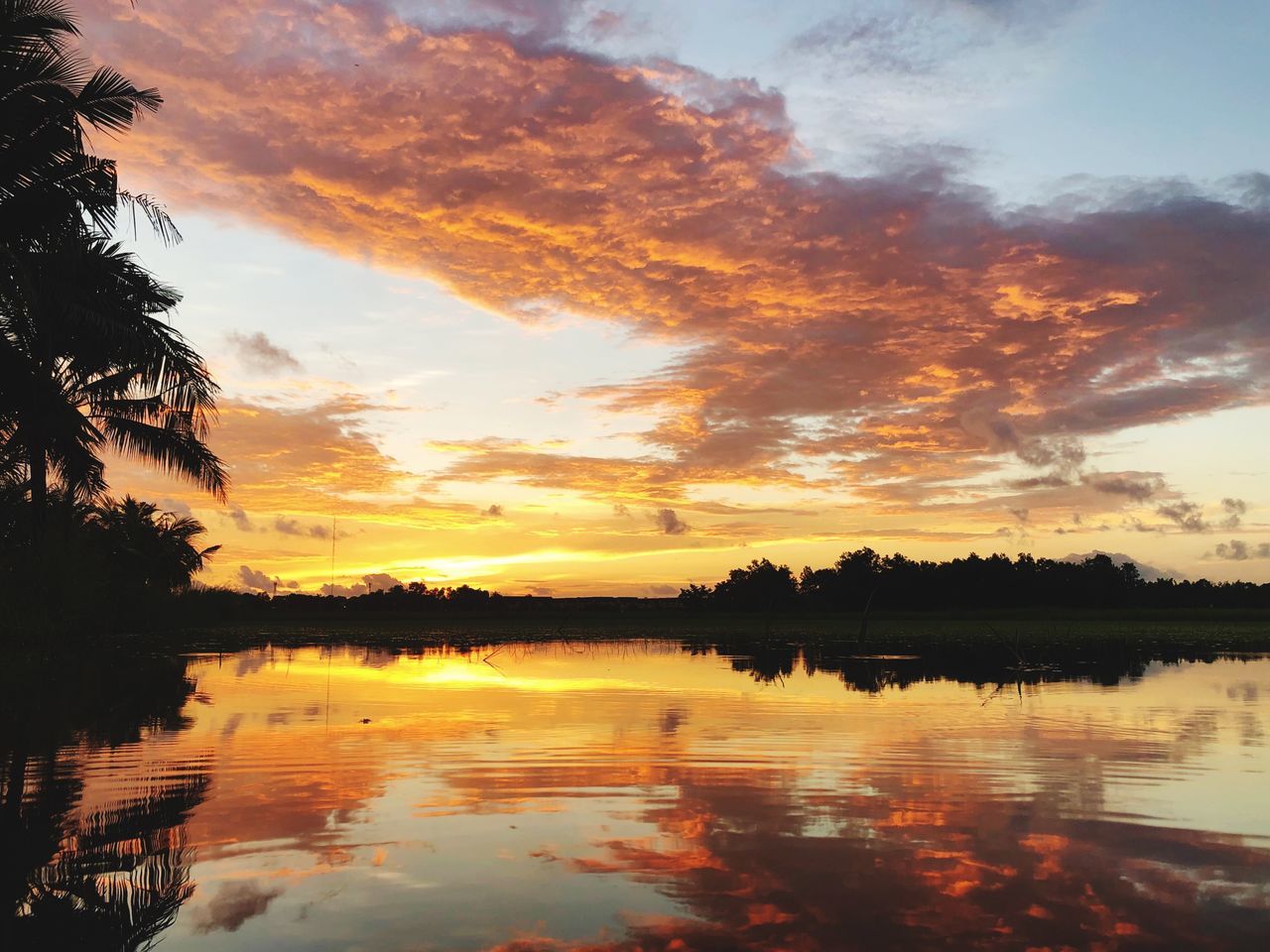 sunset, sky, reflection, cloud - sky, water, beauty in nature, scenics - nature, orange color, tranquility, lake, tranquil scene, tree, nature, silhouette, idyllic, plant, non-urban scene, no people, waterfront, outdoors