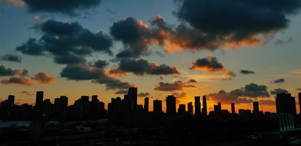 Panoramic view of buildings against sky during sunset