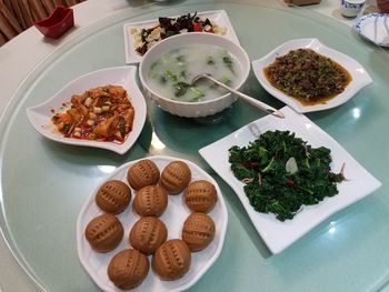 High angle view of food served on table