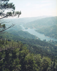 High angle view of trees and mountains against sky