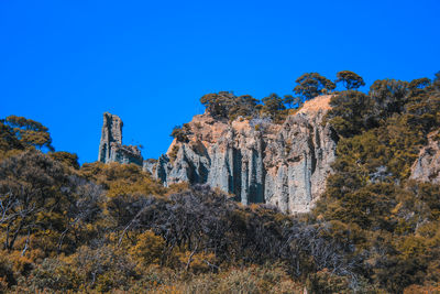 Low angle view of rocks against clear blue sky