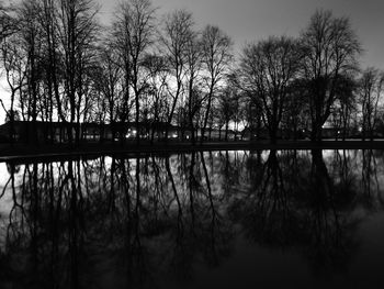Silhouette bare trees by lake against sky in city