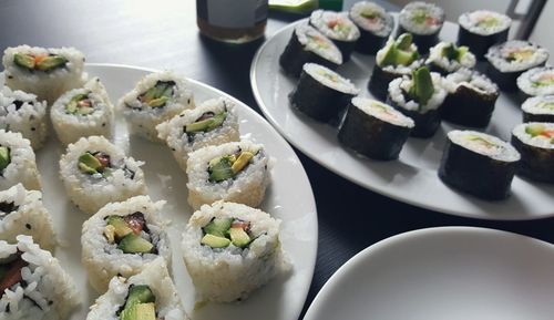 High angle view of sushi served in plate