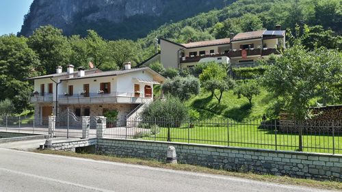 Trees and houses by road against plants and mountains