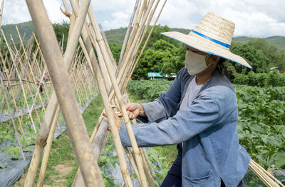 Asian woman farmer working in a farm. making fence for okra tree,