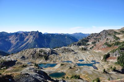 Scenic view of mountains against clear blue sky