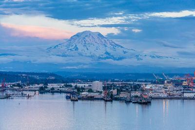 A view of mount rainier and the port of tacoma at twilight.