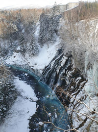 High angle view of snow covered land